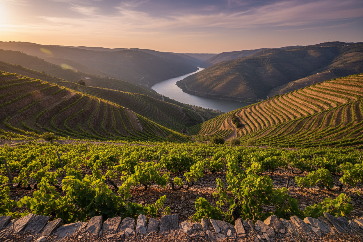 Weinbergterrassen auf Schieferboden im Douro-Tal, Portugal – Heimat der Rebsorte Viosinho