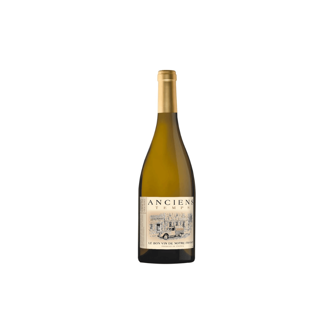 Flasche Anciens Temps Sauvignon-Chardonnay 2025 Weißwein aus dem Languedoc mit frischer Zitrusfrucht und feiner Balance