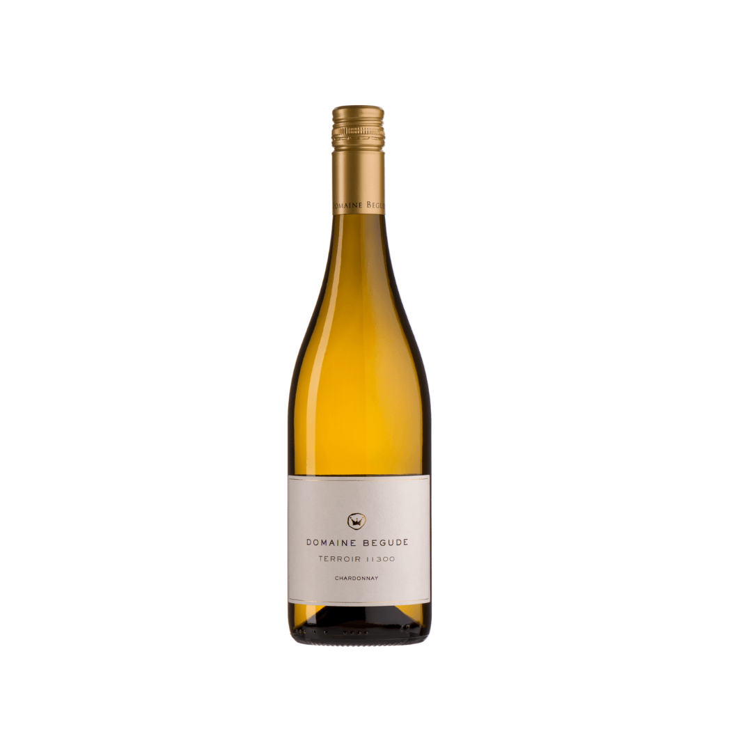 Flasche Chardonnay Domaine Bègue Terroir 11300 aus dem Languedoc in Frankreich, eleganter frischer Weißwein mit feiner Frucht und Mineralität