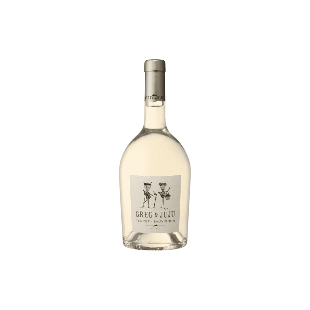 Flasche Greg & Juju Terret-Sauvignon Blanc 2025 aus Frankreich, frischer Weißwein aus dem Languedoc
